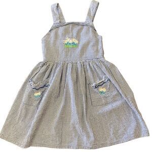Basic Editions Girls Dress Size 12 Blue Gingham Daisy Embroidery